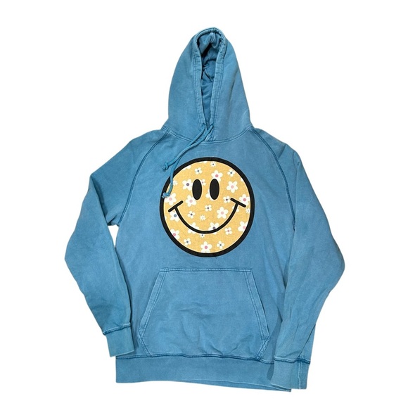 Skull House Small/Medium Floral Smiley Face Appliqué Blue Hoodie Preowned - Picture 1 of 5